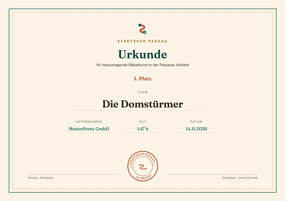 Beispiel einer Stadtspur-Siegerurkunde: 1. Platz für Team Die Domstürmer, Musterfirma GmbH, Zeit 1:47 Stunden