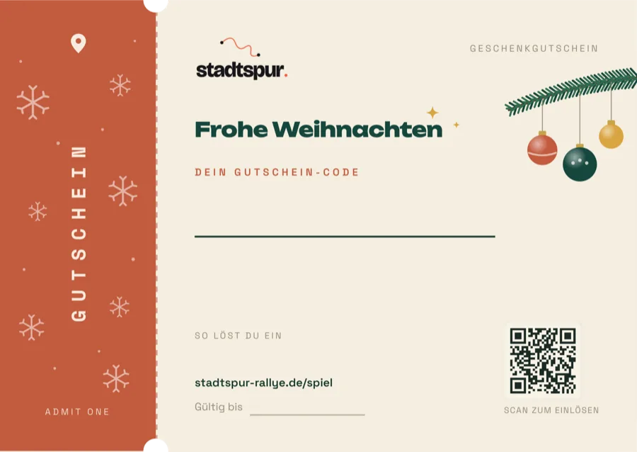Stadtspur-Geschenkgutschein im Weihnachtsmotiv mit Schneeflocken, Tannenzweig und Christbaumkugeln